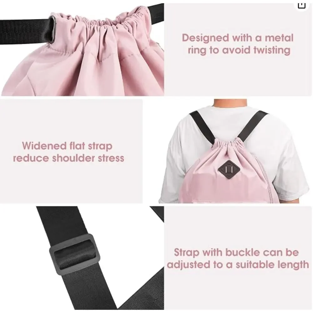 Drawstring Backpack with Shoe Compartment, Sports Gym Bag, Water-Resistant- Pink